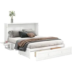 MODFU Mobiles Schrankbett 140x200 mit Schubladen und Regalfunktion, Kiefernholz/MDF, weiß – Platzsparend und funktional für kleine Räume