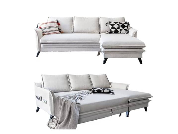 MIUFORM Charming Charlie, 4er Ecksofa mit Schlaffunktion, Rechts, Beige Schlafsofa mit Bettkasten und Bettfunktion, 4 Sitzer Sofa L Form, 228x150x90cm, Couch mit Schlaffunktion, Sofa Bed Klappbar