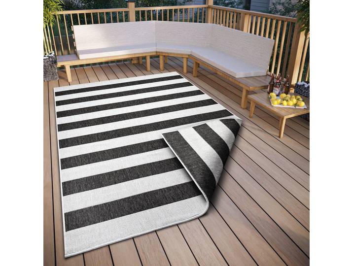 Teppich GOODPRODUCT Alan Wendeteppich , schwarz-weiss (schwarz, weiß), B:280cm H:5mm L:380cm, Kunstfaser, Teppiche, Teppich, beidseitig nutzbar, Streifen, Scandi, wetterfest, für In- und Outdoor