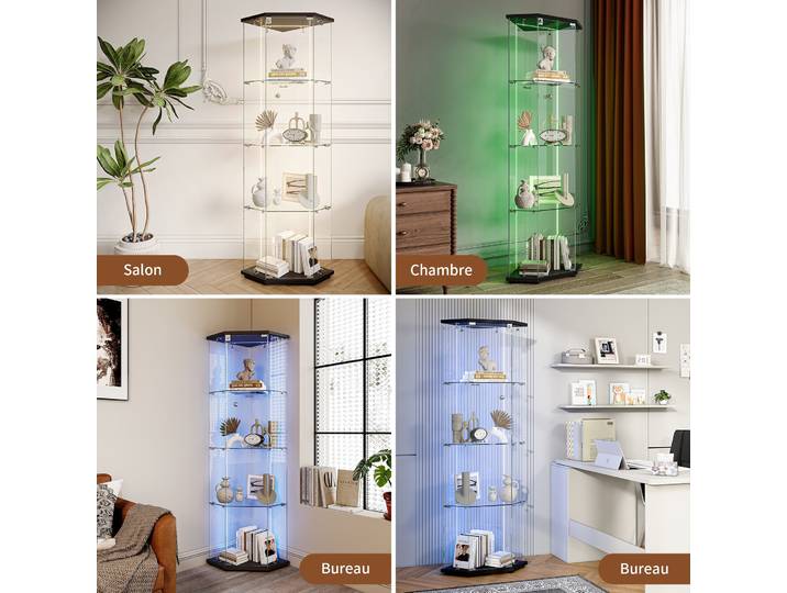Vitrine d'angle en verre Rosahqnda avec éclairage LED, vitrine moderne en verre, vitrine sur pied pour objets de collection