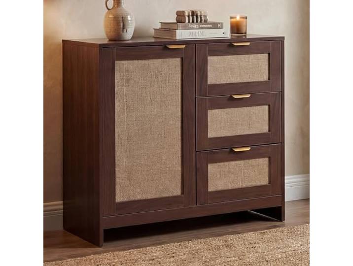 Mendler Kommode HWC-P50 MDF Melamin Leinenfront - Walnuss-Optik