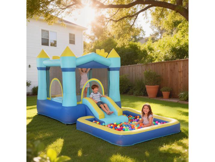 AIYAPLAY Château Gonflable Bleu avec Toboggan et Piscine