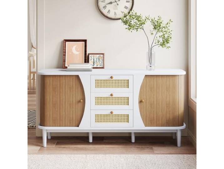 LOBO OFFICE Sideboard weiß mit Rattan‑Schubladen,verstellbare Böden Kombination aus weißem Korpus, Holz‑Türen und Rattan‑Einsätzen,Verstellbare Einlegeböden in den beiden Seitenschränken