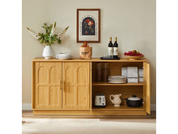 Buffet moderne avec vitrine - 169x40x80 cm - Naturel - MDF - Design minimaliste - Espace de rangement multifonctionnel
