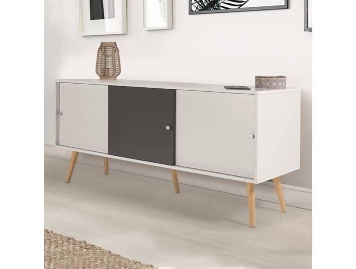 IDMARKET Buffet bas scandinave 135 cm EFFIE 3 portes bois blanc et gris