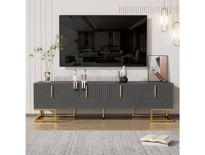 ROVRYN Meuble TV 170 cm gris noir 4 portes rangements intérieurs poignées et pieds dorés
