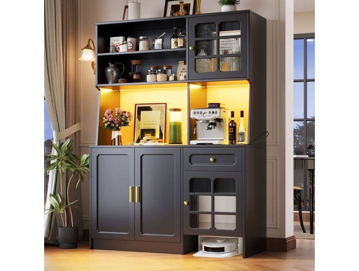 Meuble cuisine 130x45x180 cm buffet haut noir vitré LED - Rangement élégant avec portes vitrées et éclairage LED intégré pour