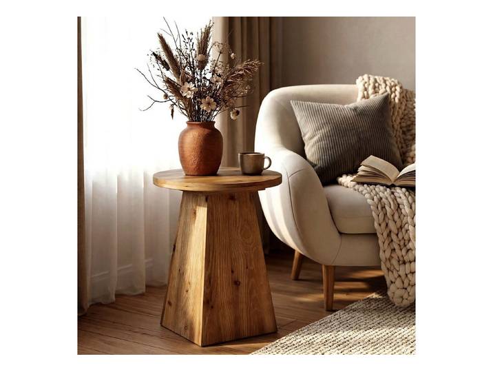 Tribesigns Beistelltisch 48 cm runder Massivholz-Couchtisch, Nachttisch mit trapezförmigem Fuß