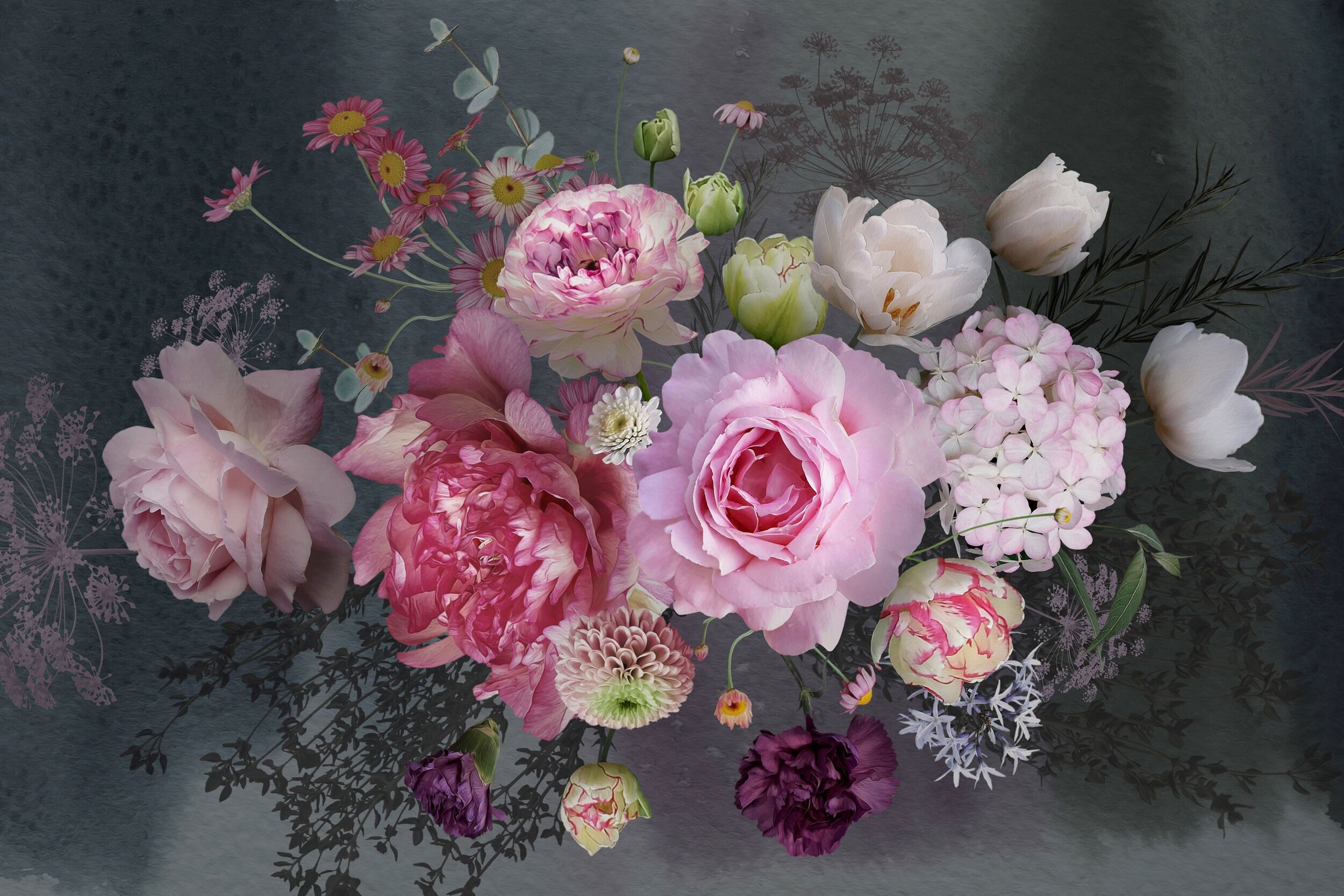 Papermoon "BLUMEN ABSTRAKT-MUSTER DESIGN ROSEN BLUMEN DECOR RETRO" bunt B/L: 2m x 1,49m, Bahnen: 4 Stk.