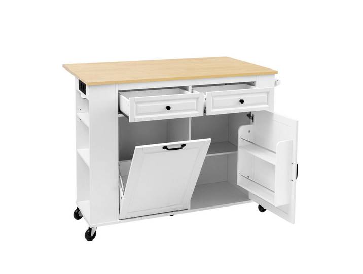 Modfu Kücheninsel aus MDF 120x40-70x92 cm Weiß/Natur mit Rollen & Steckdosenleiste, 120x92x70 cm, Küchen, Küchenmöbel, Kücheninseln
