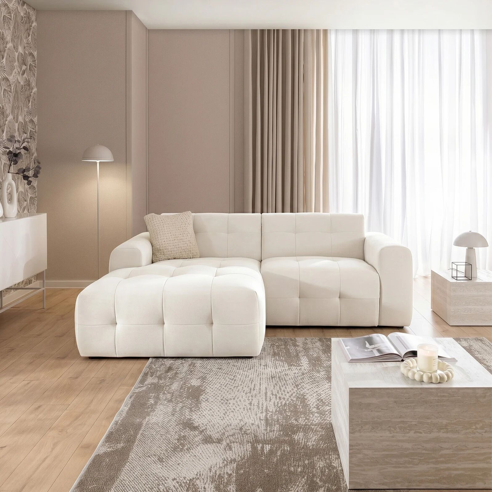 garneroarredamenti Divano angolare sinistro 234x161cm tessuto vellutato bianco Horizon
