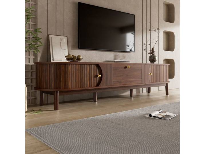 Meuble TV 170x39 5x38 cm 1 Tiroir Portes Coulissantes Pieds Bois Grand Rangement Lowboard Moderne pour Salon - Noyer