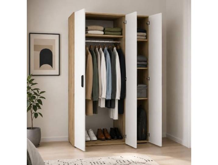 Dmora Kleiderschrank mit 3 Türen Dublin 111 x 52 cm Braun Eiche Kleiderständer 4 Einlegeböden, Kleiderschrank Schlafzimmer 3 Türen