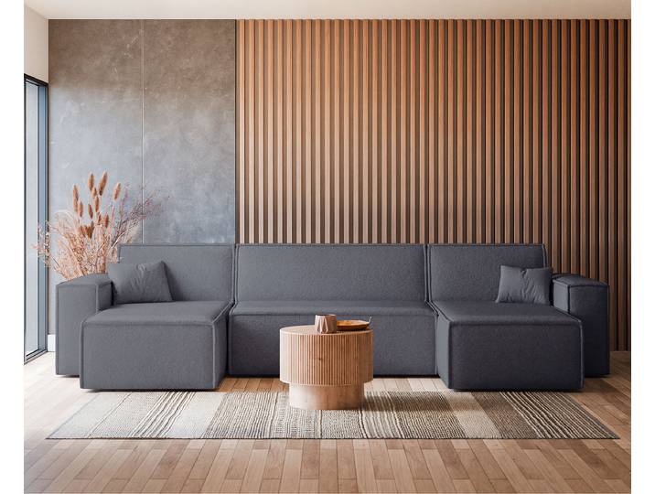 Wohnlandschaft mit Schlaffunktion Grau/Dunkelgrau Teddystoff Quila 312 x 83 x 145cm Longchair beidseitig montierbar mit Schlaffunktion Modern