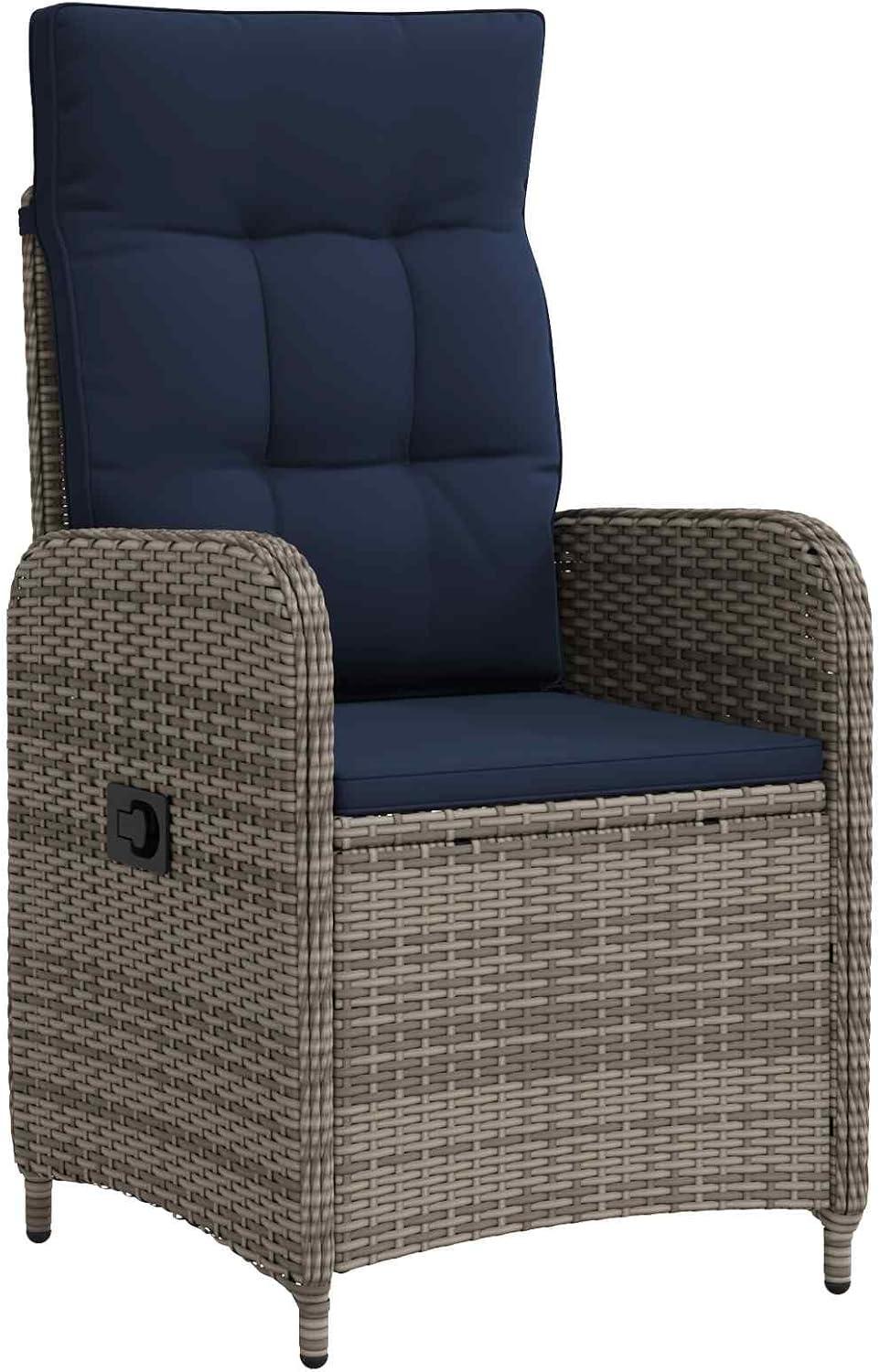 Gartenstuhl aus Poly-Rattan in Grau und Marineblau mit verstellbarer Rückenlehne und pulverbeschichtetem Stahlrahmen