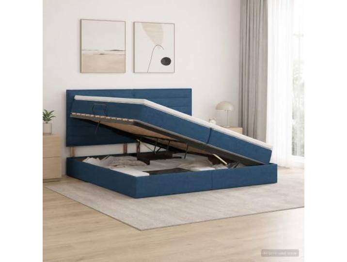 Bett mit Stauraum und Matratze Blau 200 x 200 cm Stoff Ecle Hydraulisches Seitenlift Höhe 48,5 cm großes Staufach modernes Zimmer