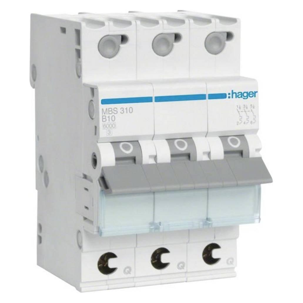 Hager MBS310. Nennstrom: 10 A, AC Eingangsfrequenz: 50/60 Hz. Typ: B-type, Module Menge (max): 3 Modul(e). (MBS310)