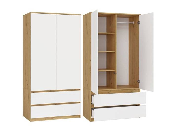 TURIN - Armoire de chambre - Penderie multifonctions - 2 portes + 2 tiroirs - Dressing - artisan et blanc