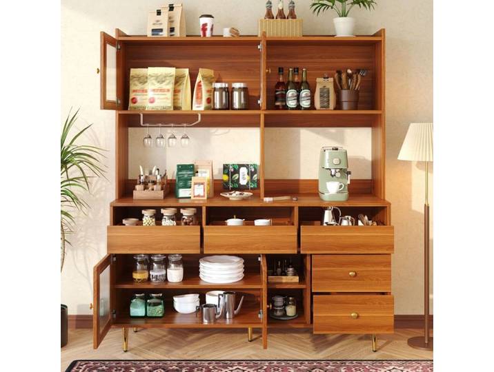 Buffet haut - SOGEU - Buffet haut 140x40x170 - Portes vitrées - Casier à verres - Finitions dorées