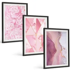 BILDER SET 3er Set - 40x60 cm Schwarzer Rahmen - Rosa geometrische Pfingstrosen