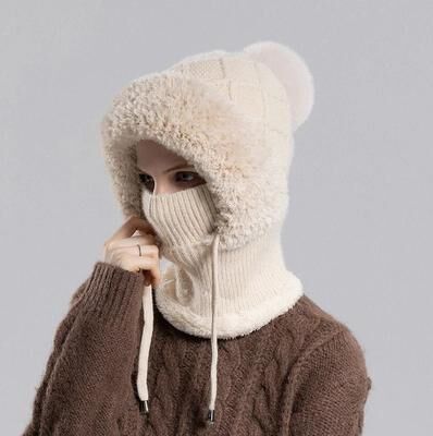 Uplift Essentials Integrated Velvet Knitted Balaclava Thermal Ear Protection And Hooded Mask beige