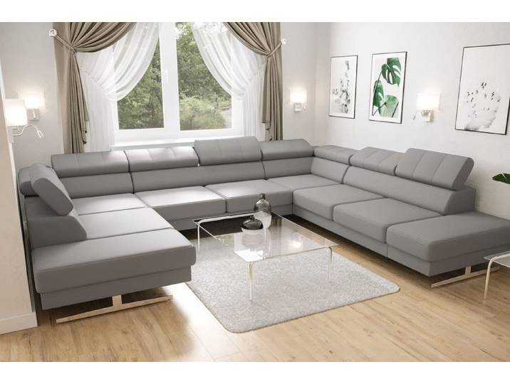 Friderik-EU Ecksofa EMPORIO MAX I Ledersofa verstellbare Kopfstützen silberne Beine