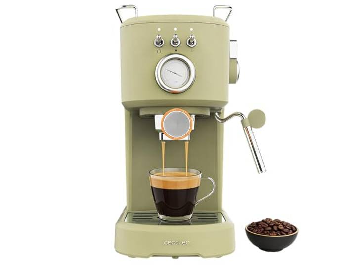 Cecotec Siebträgermaschine Power Espresso 20 Retro Green Elite, Vintage-Design, 1100 W, 20 Bar ForceAroma, Automatik-Funktion, Milchaufschäumer, 1,25 L Wassertank, Edelstahl-Tassenwärmer