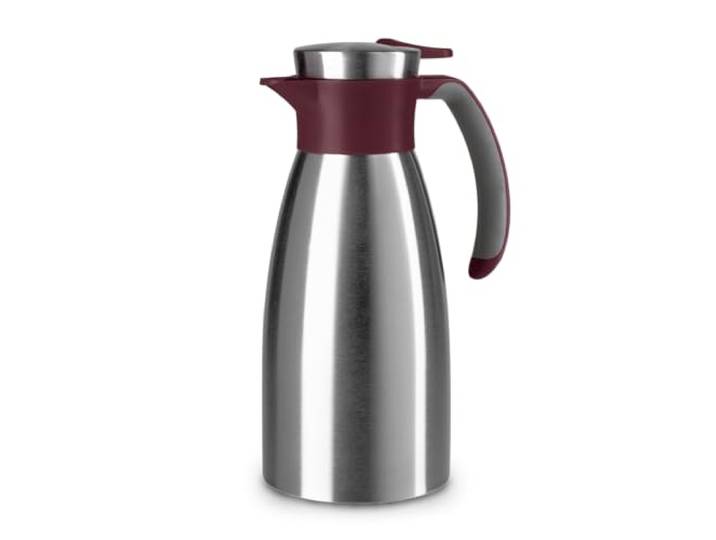 Emsa Soft Grip Isolierkanne, 1 Liter, Edelstahl, 12 Stunden heiß + 24 Stunden kalt, Auslaufsicher, Rutschfester Griff, Farbe Weinrot, N4120200