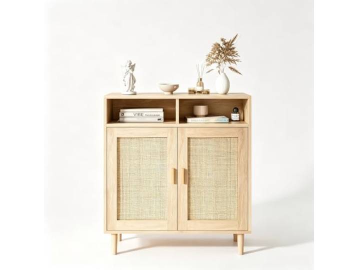 GarveeMore Sideboard aus Rattan, 2 Türen, 2 offene Fächer, Holzbeine, Küche GarveeMore Boho Rattan Sideboard/Buffetschrank – 2 Türen, 2 offene F?cher & Innenablage, Holzbeine, Stauraum-Anrichte/Coffee-