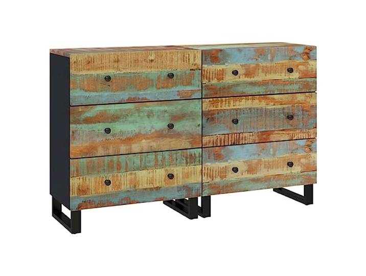 Foknhdi Sideboard 2er Set 60x33x75 cm Altholz Massiv Kommode Flur Praktische Anrichte aus echtem Recyclingholz und MDF mit stabilem Eisenrahmen für Wohnzimmer, Esszimmer oder Flur.