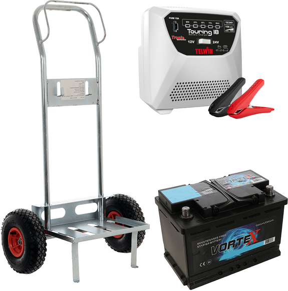 T.O. Komplettes Set: Batteriewagen Geotech + Batteria 100 Ah + Ladegerät Telwin Touring 18