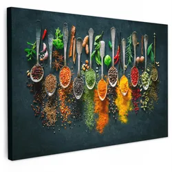 LEINWANDBILD Kräuter - Gewürze - Löffel Groß 140x90 cm