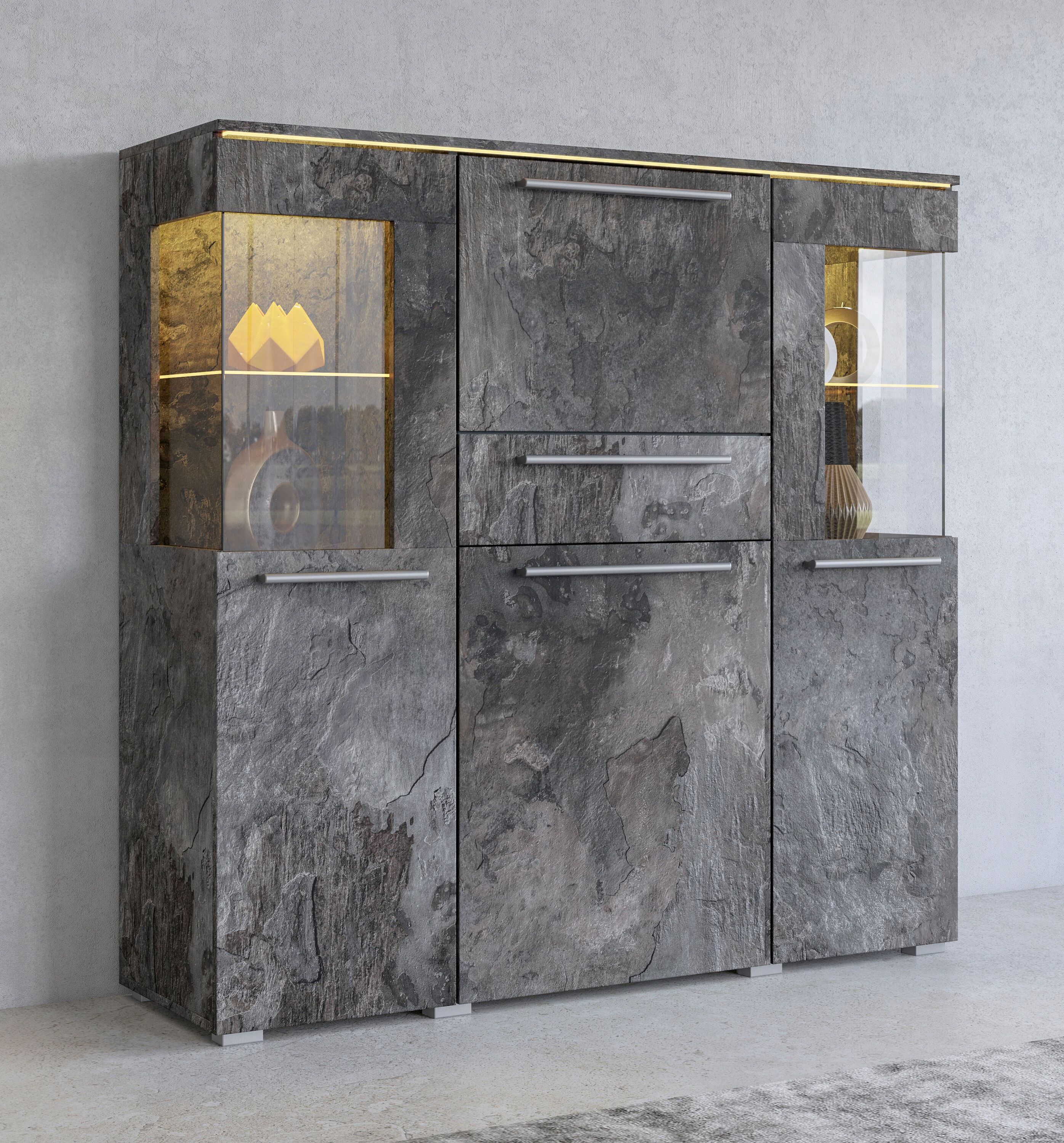 Highboard GOODPRODUCT "India,Breite 130cm, stilvolle Hochkommode 3Türen, Klappe und Schublade", schwarz (schiefer, schiefer), B:130cm H:127,5cm T:39cm, Sideboards, Highboard, Hochschrank viel Stauraum, Einlegeböden verstellbar,ohne Beleuchtung schiefer, s