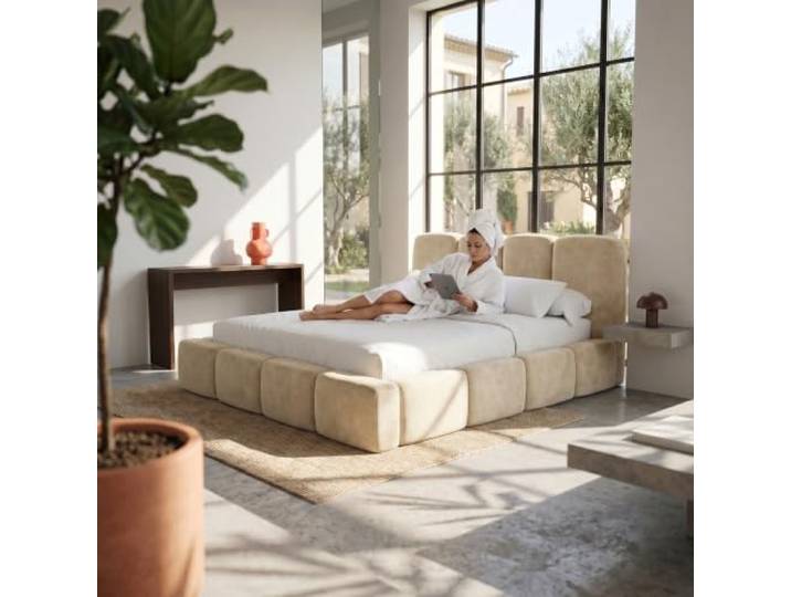 Muffo Polsterbett mit Bettkasten Velours 200x200 Creme Doppelbett, Stauraum, klappbarer Metalllattenrost, Hebemechanismus, gepolstertes Kopfteil, Whisper