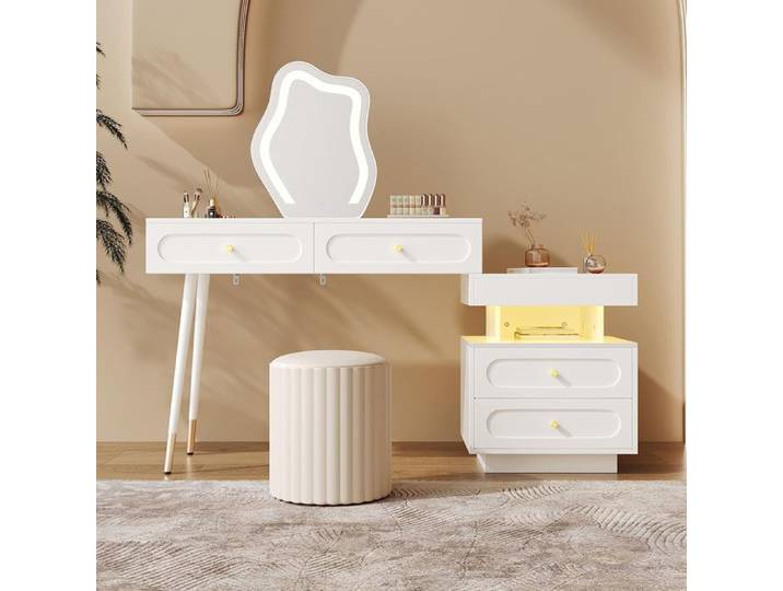 Coiffeuse blanc miroir LED 4 tiroirs spacieux 1 compartiment ouvert pour chambre