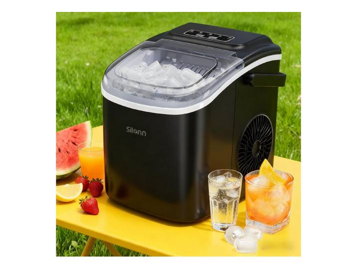 Silonn Eiswürfelmaschine Tragbar Eiswürfelbereiter – 6-minütige Eisherstellung, 2 Eisgrößen, 12kg/Tag, Selbstreinigend, LED-Anzeige – Für Haushalt, Camping & Party