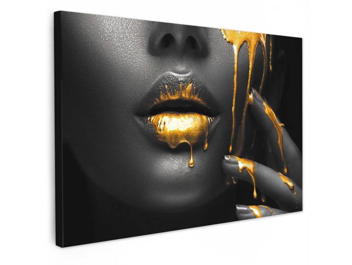 LEINWANDBILD Frau - Schwarz - Gold - Gesicht - Lippen Gemälde 60x40 cm