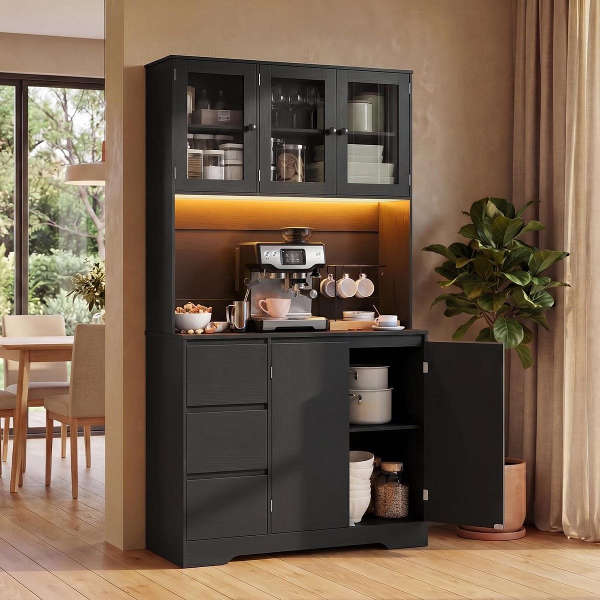 Merkloze Hoge Keukenkast en Buffetkast met Ledverlichting en Stopcontact in MDF