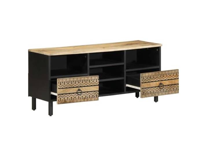 GPUTYGHN TV-Schrank Schwarz 100x33,5x46 cm Raues Mangoholz Massives Tropenholz, 2 Schubladen, Robust, Industrie-Design, Wohnzimmer