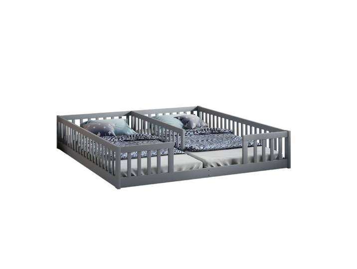 SENVIRO lit enfant au sol 2 couchages 90 x 200 cm avec barrières de sécurité sommier à lattes gris