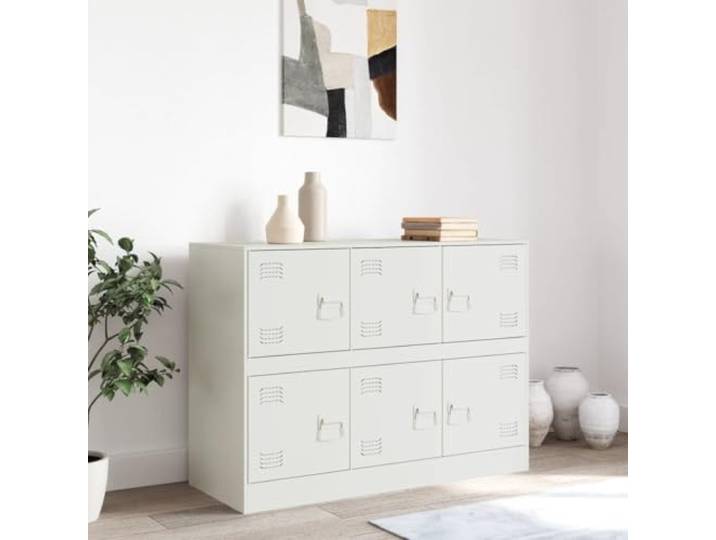 KTHLBRH Sideboard weiß 99 x 39 x 73 cm kaltgewalzter Stahl 6 Fächer mit Türen, 6 Metallgriffe, Kapazität 90 kg, einfache Reinigung, großer Stauraum
