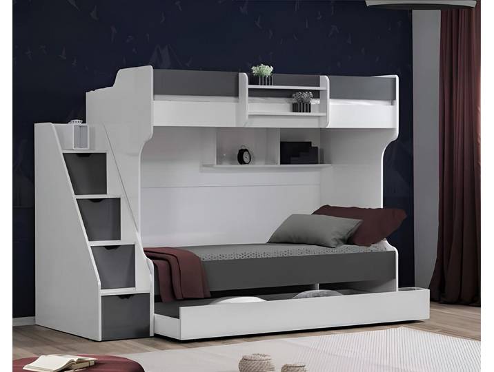 Xlmoebel Etagenbett Weißes Kinder-Etagenbett mit Stauraum und Regalen aus Holz (Etagenbett, Etagenbett mit Stauraum), Made in Europa