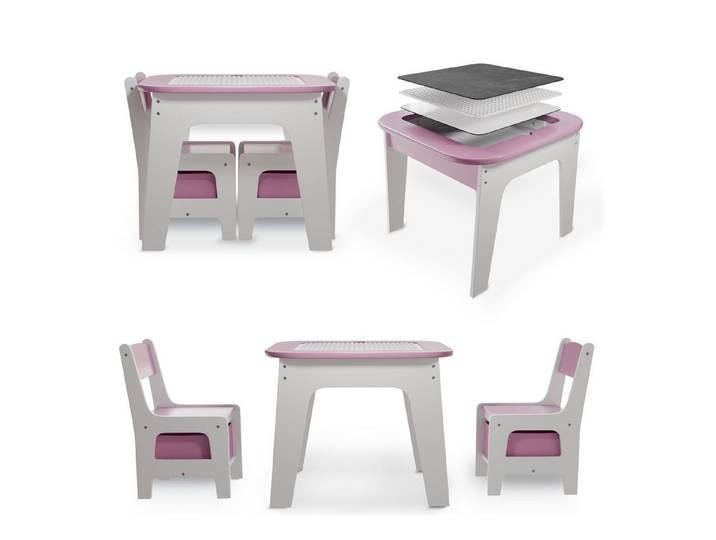 Juskys Kindersitzgruppe Milou, Set mit 2 Stühlen & 1 Tisch, Holz Spieltisch, Stauraum & Wendeplatten