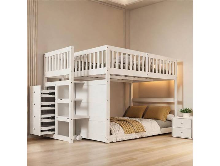 White-toned bois lit superposé bas pour enfant 140 x 200 cm avec 4 tiroirs de rangement