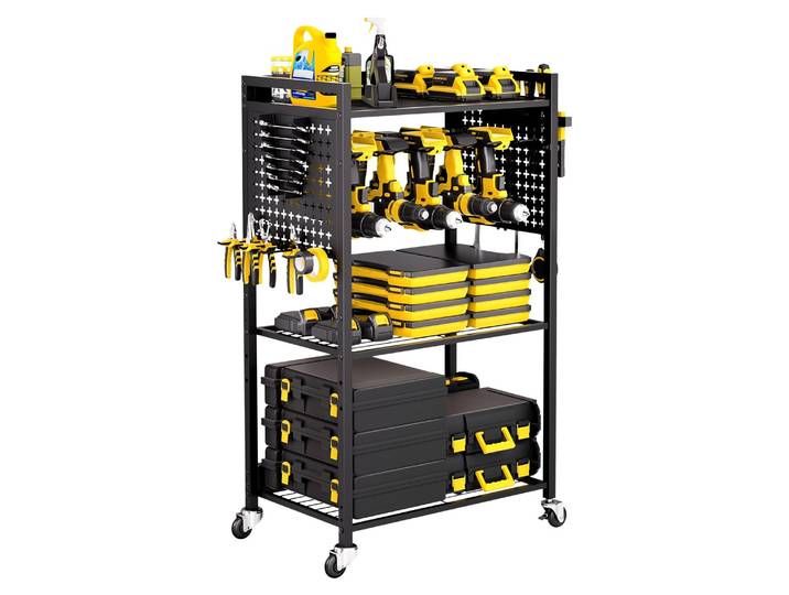 Chariot à outils VEVOR à 4 niveaux\, capacité de charge 68 kg\, chariot d'atelier avec support de perceuse à roulettes & étagère de stockage stable\, chariot de montage
