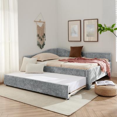 GREATPLANINC Chenille Upholstered Daybed with Pull-out Trundle Rivet Trim USB Port