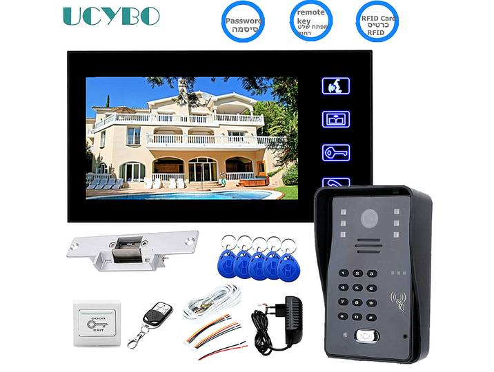 Interphone vidéo sans fil pour maison et appartement, système de visiophone avec écran LCD de 7 pouces, verrouillage électrique, RFID, mot de passe, déverrouillage à distance