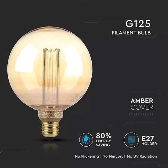 V-Tac Vt-2195 Lampadina Led Globo 4w E27 G125 Vetro Ambra Con Incisioni Laser Filamento Bianco Caldo 1800k - 7475