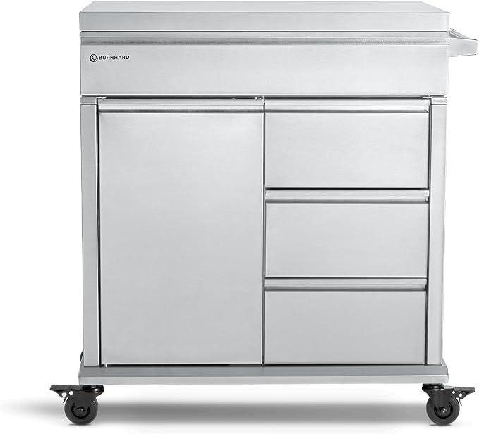 Grill Beistellwagen mit Edelstahl-Arbeitsfläche, Grilltisch | 4 Soft-Close Schubladen, Vollgummi-Rollen, kompatibel mit EARL & FRED Gasgrills