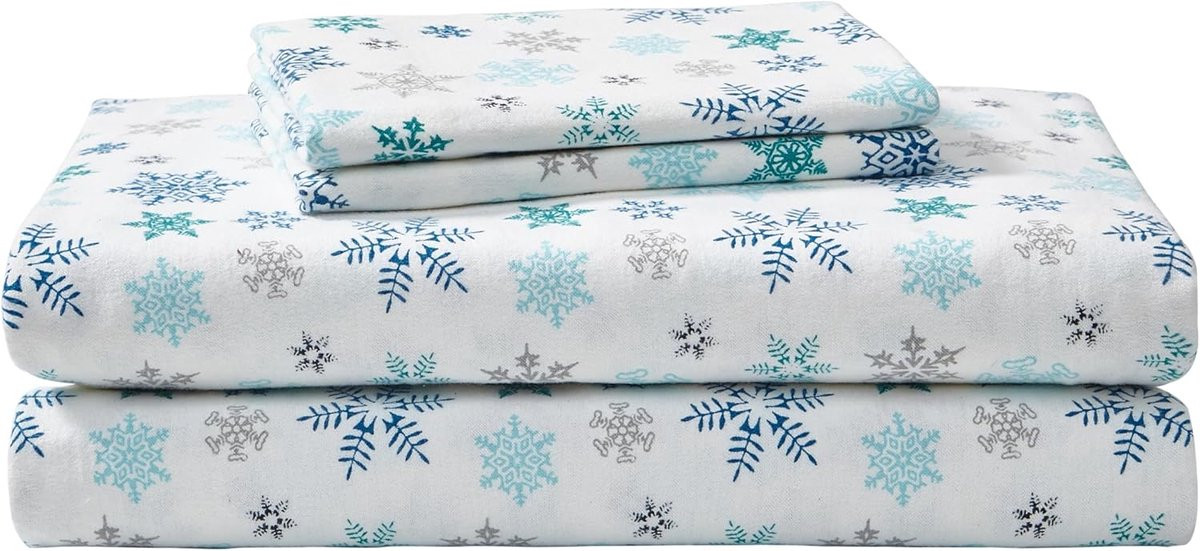 Kingsize Lakenset van Geborsteld Katoen Flanel met Sneeuwvlokken Print